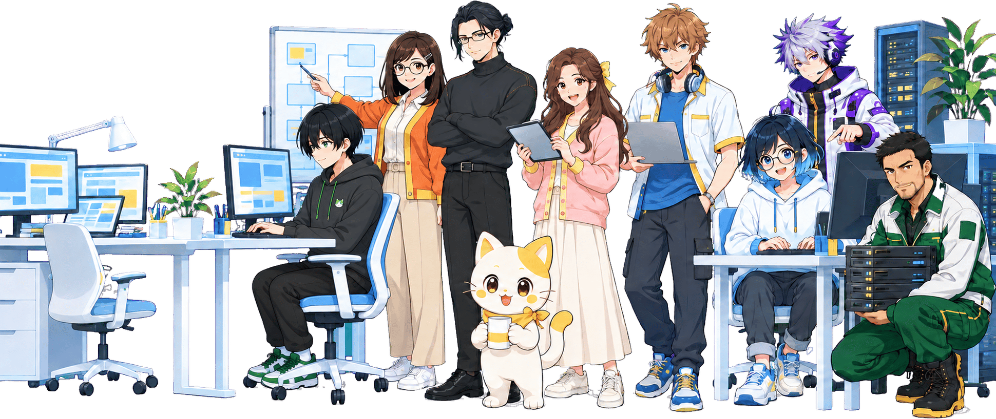 FIXIT の執筆者キャラクターが仕事場に並ぶイラスト