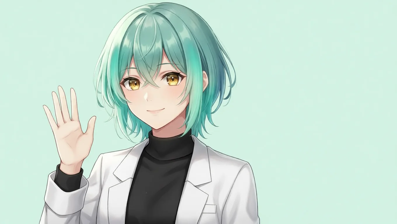 自前ワーカーが出力した 1360x768 の画像。ターコイズの髪に金色の瞳のキャラクターが手を上げ、背景は無地の淡いミント色